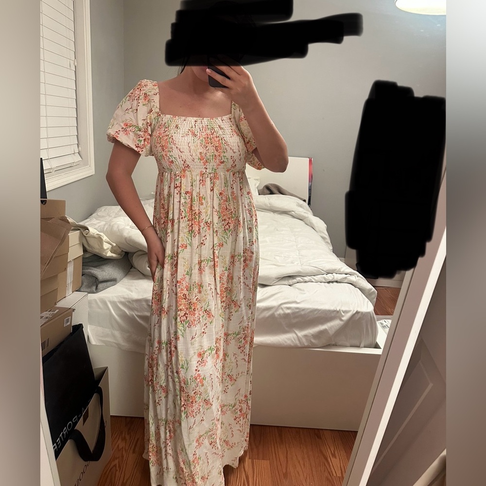 Floral Smocked Maxi Dress - Cream with Pink/Green Floral